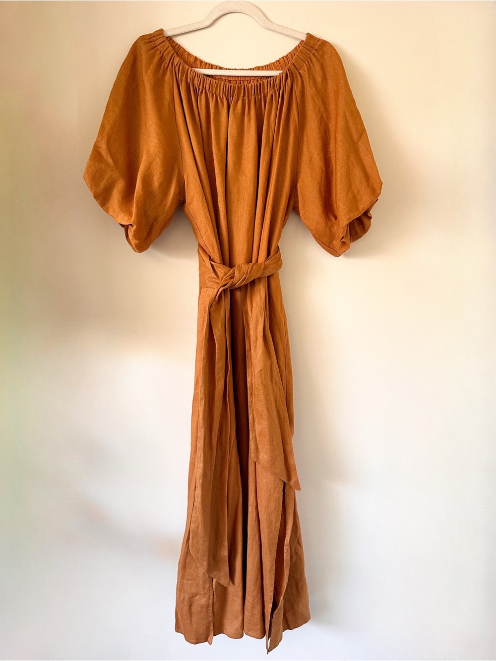 DISSH Rust Orange Off-Shoulder Maxi Dress with Tie Waist